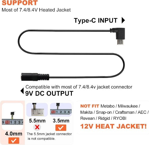[Official Compatible List] 9V Step-Up Cable for 7.4V & 8.4V Heated Jackets & Vests