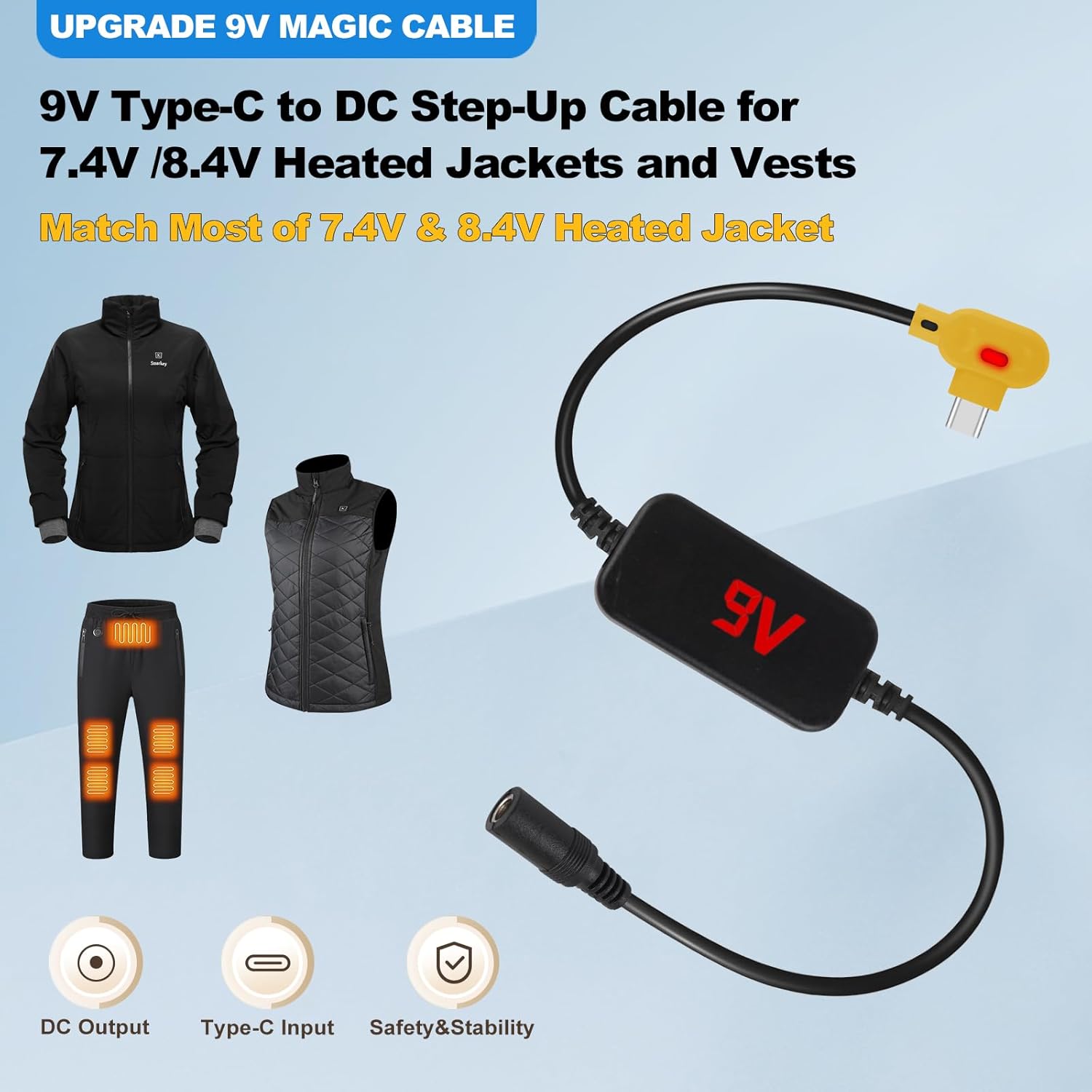 Smarkey 9V Heated Jacket Battery Step-Up Adapter Charger Cable, Type-C to DC Compatible with ORORO and Venustas