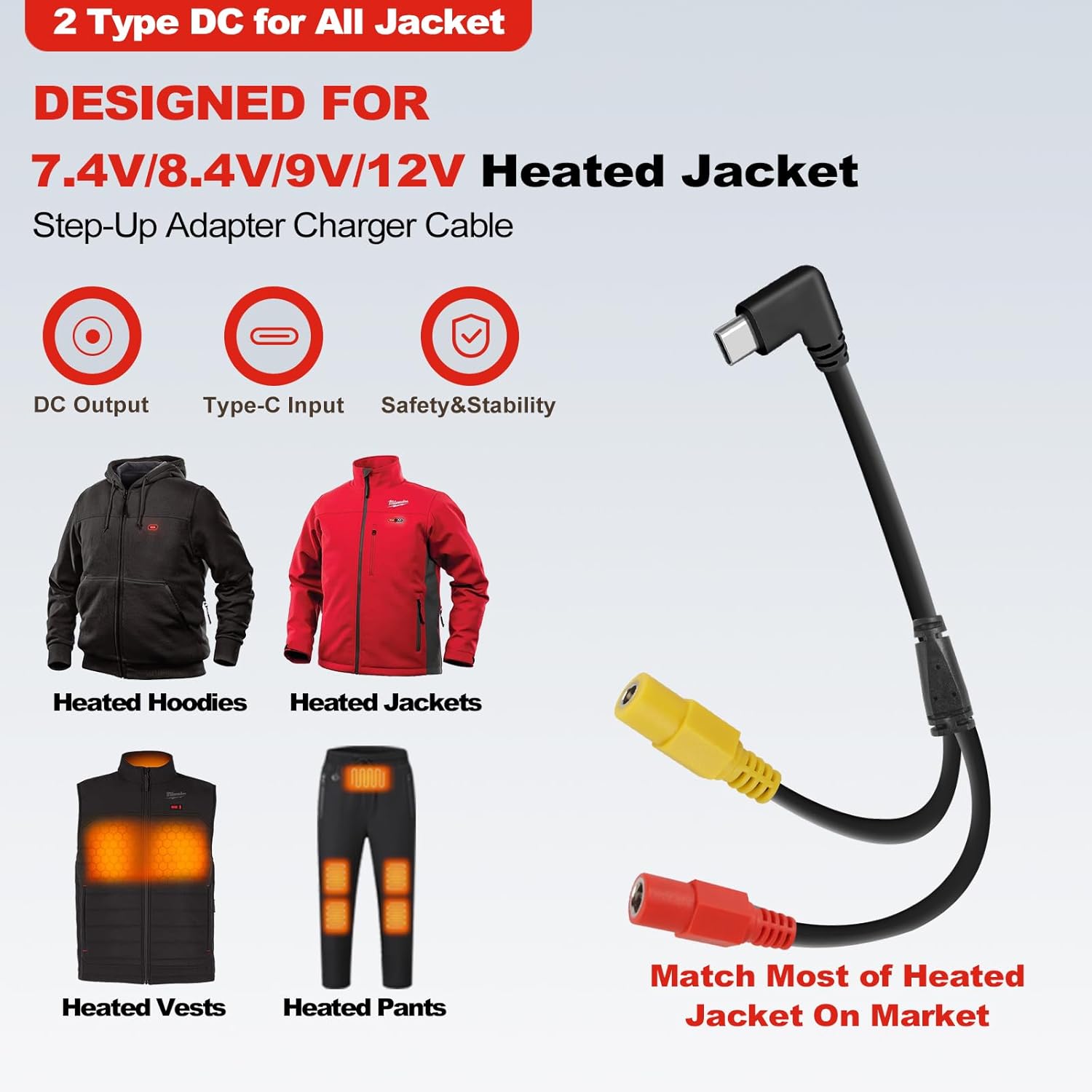 Smarkey Heated Jacket Battery StepUp Adapter Charger Hack Cable for Most of 7.4v 8.4v 12v Heated Jacket - Battery Heated Jacket