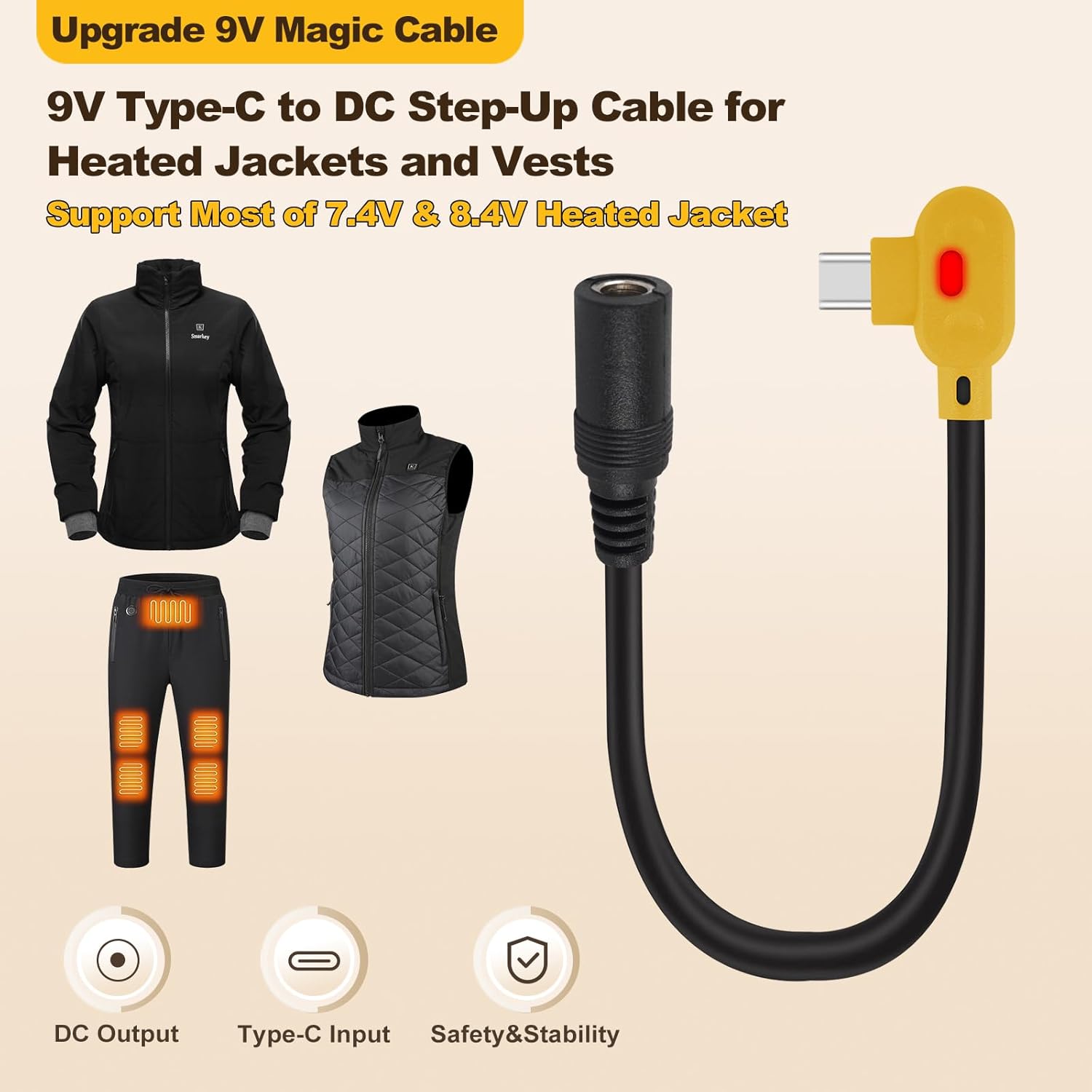 Smarkey 9V Heated Jacket Battery Step-Up Cable