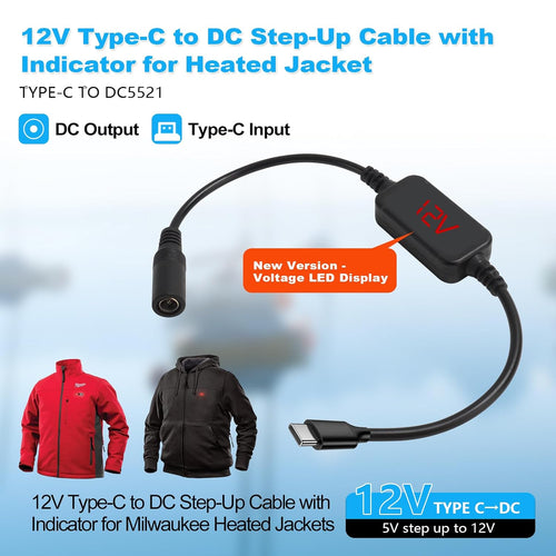 Smarkey 12V Heated Jacket Battery StepUp Adapter Charger Cable TypeC to DC5.5mm for Milwaukee, M12, Makita, Snap-on, Metabo, Craftsman, AEG Gear - Battery Heated Jacket