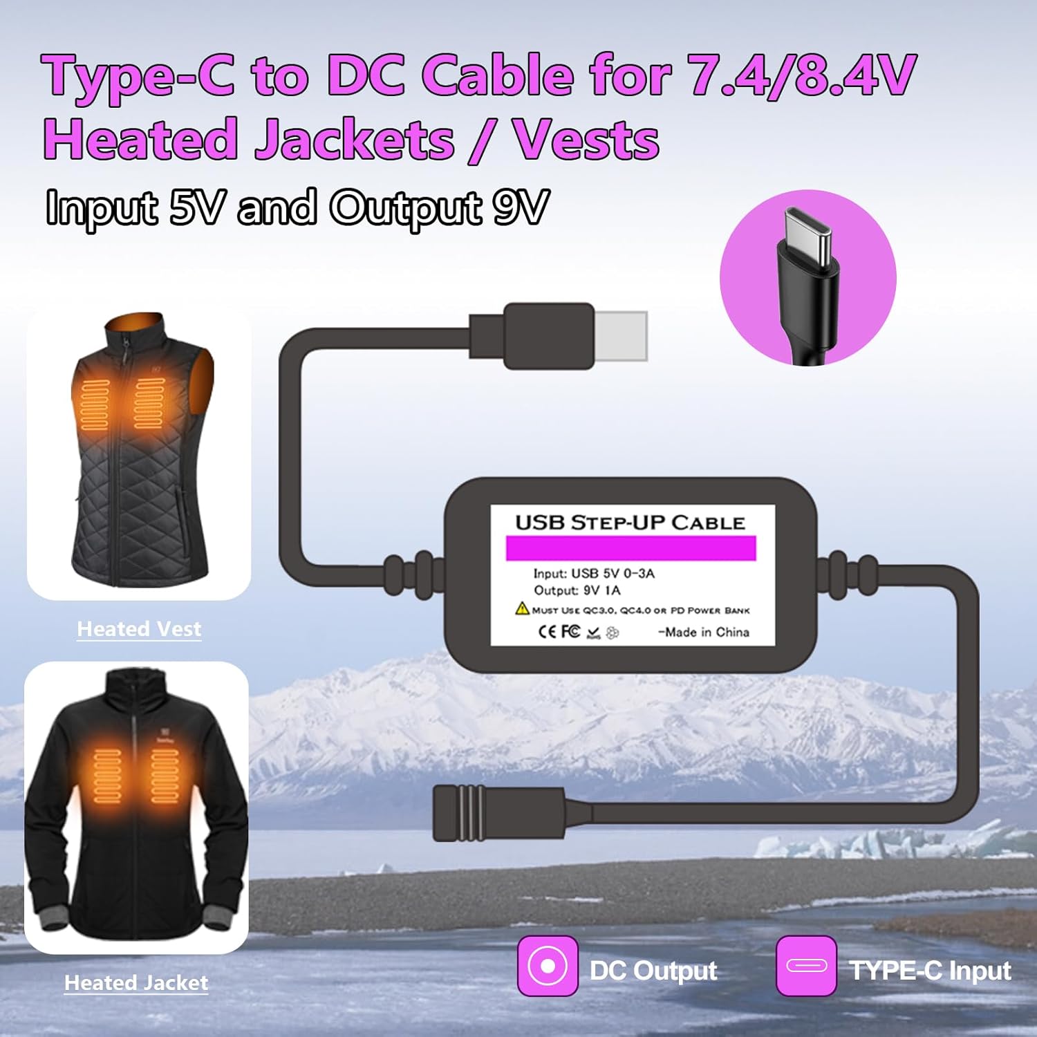 Smarkey Heated Jacket Voltage Step-Up Cable 5V to 9V for Heated - Battery Heated Jacket