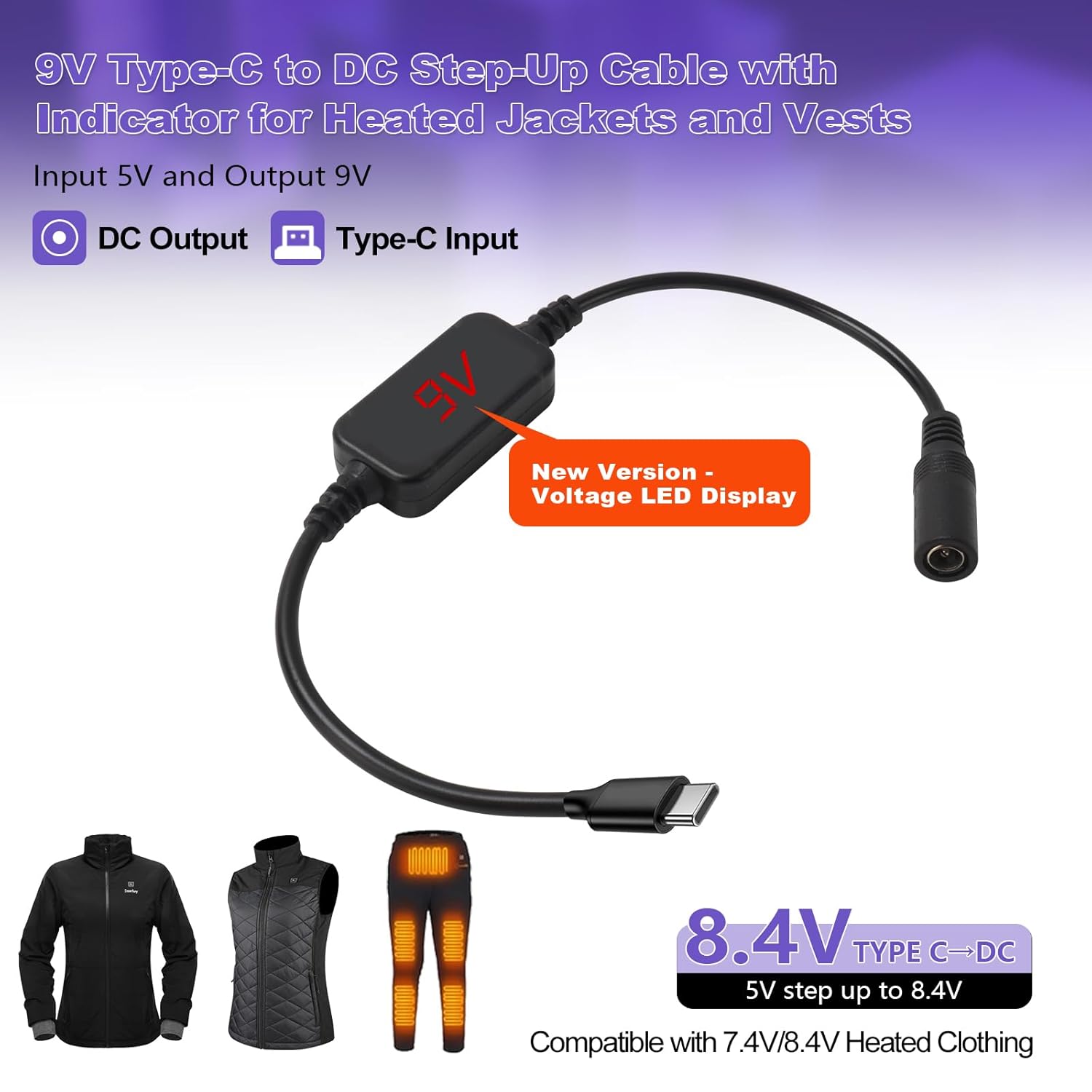 Smarkey 9V Heated Jacket Battery Step-Up Adapter Charger Cable TypeC to DC for 7.4V 8.4V Heated Jackets - Battery Heated Jacket