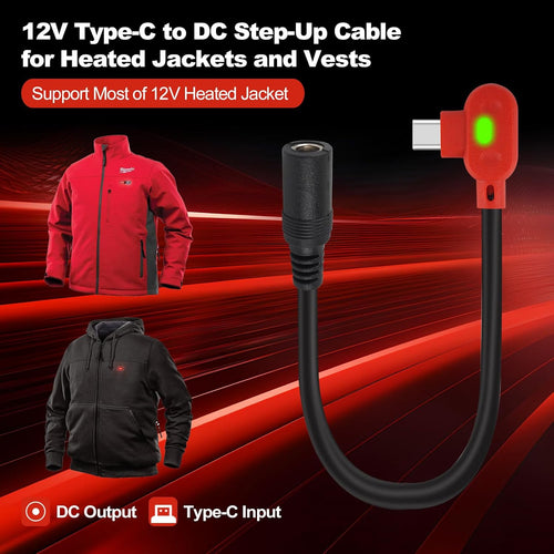 Smarkey 12V Heated Jacket Battery Step-Up Cable Type-C to DC, Compatible for Milwaukee - Battery Heated Jacket