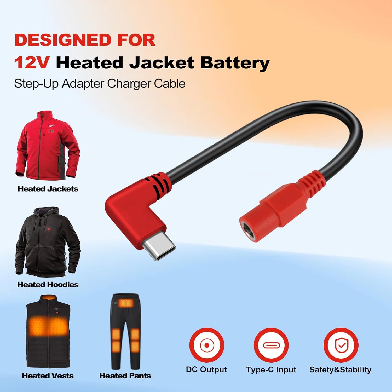 Smarkey 12V Type C Heated Jacket Battery Charger Cable for Milwaukee M12 - Battery Heated Jacket