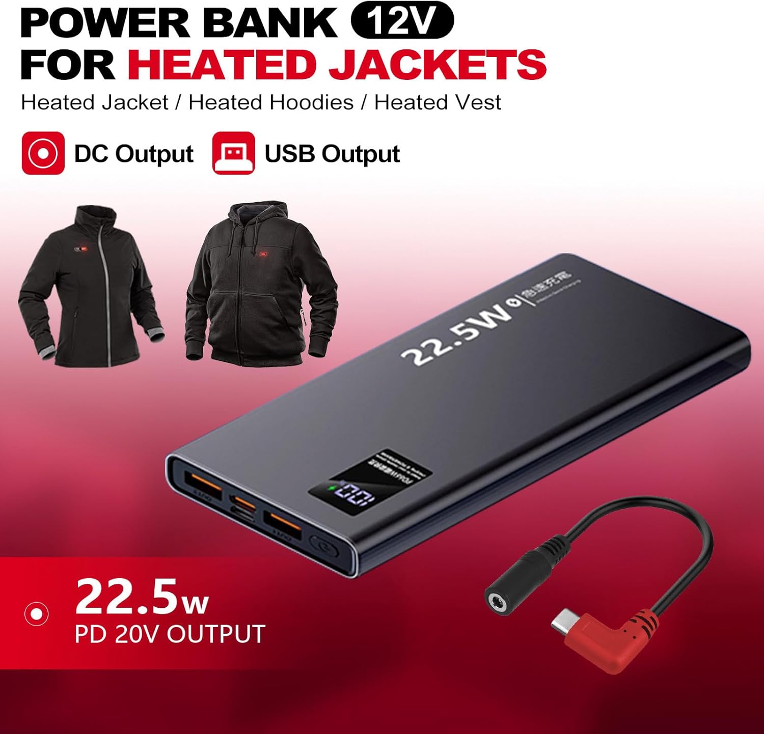Smarkey 12V QC3.0 Heated Jacket Battery PD Power Bank with Type-C Step Up Adapter Charger Cable - Battery Heated Jacket