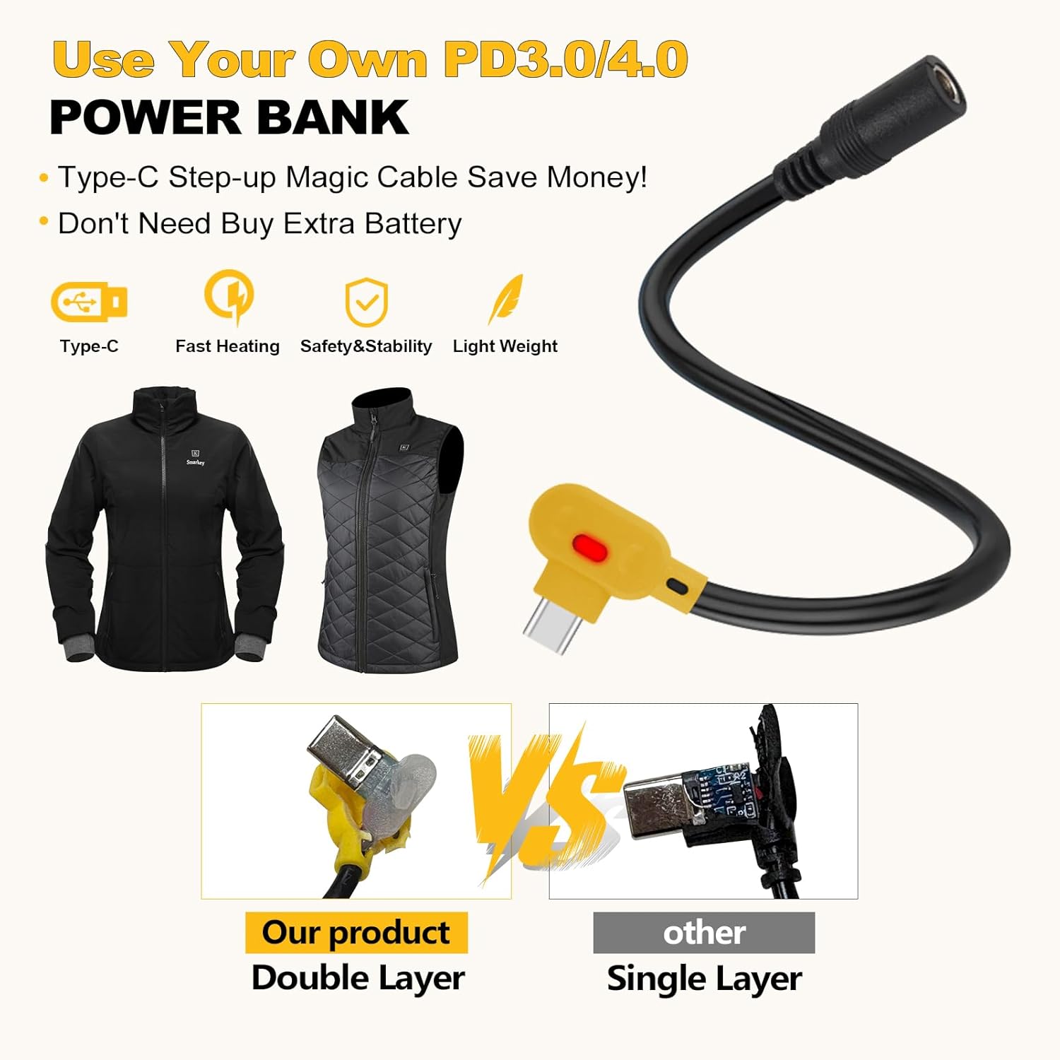 Smarkey 9V Heated Jacket Battery Step-Up Cable