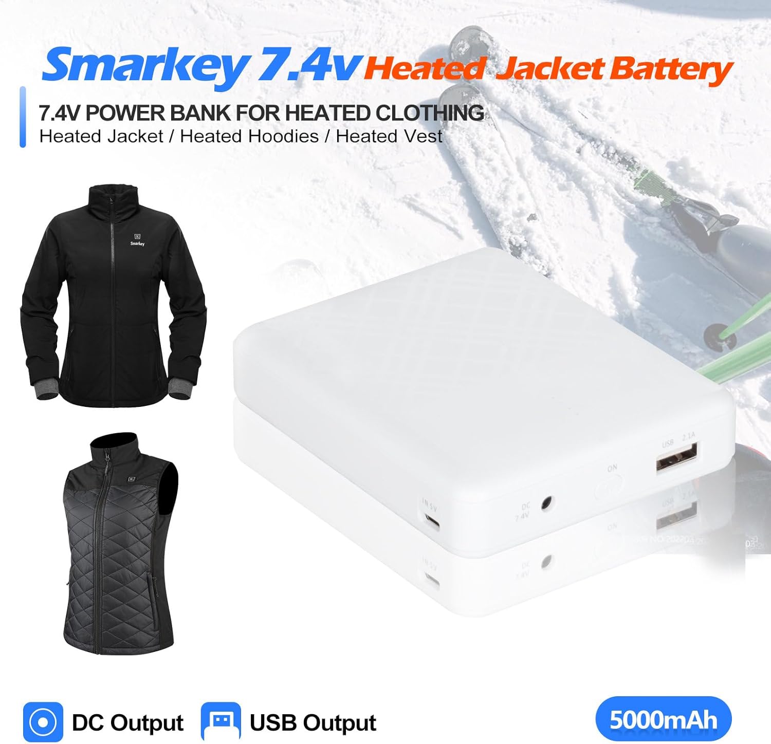 Smarkey 7.4v 5000mAh Heated Jacket Battery with Charger Cable - Battery Heated Jacket