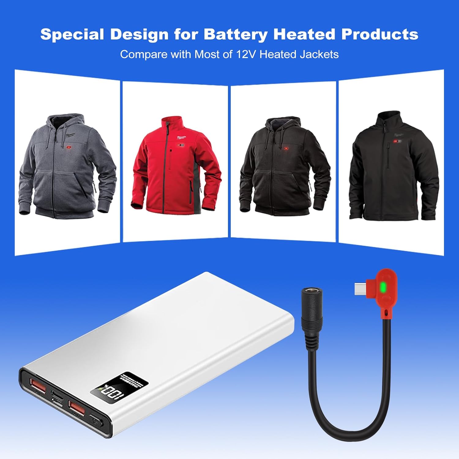 Smarkey 12V Heated Jacket Battery,with Type-C to DC Step-Up Cable, for Milwaukee - Battery Heated Jacket