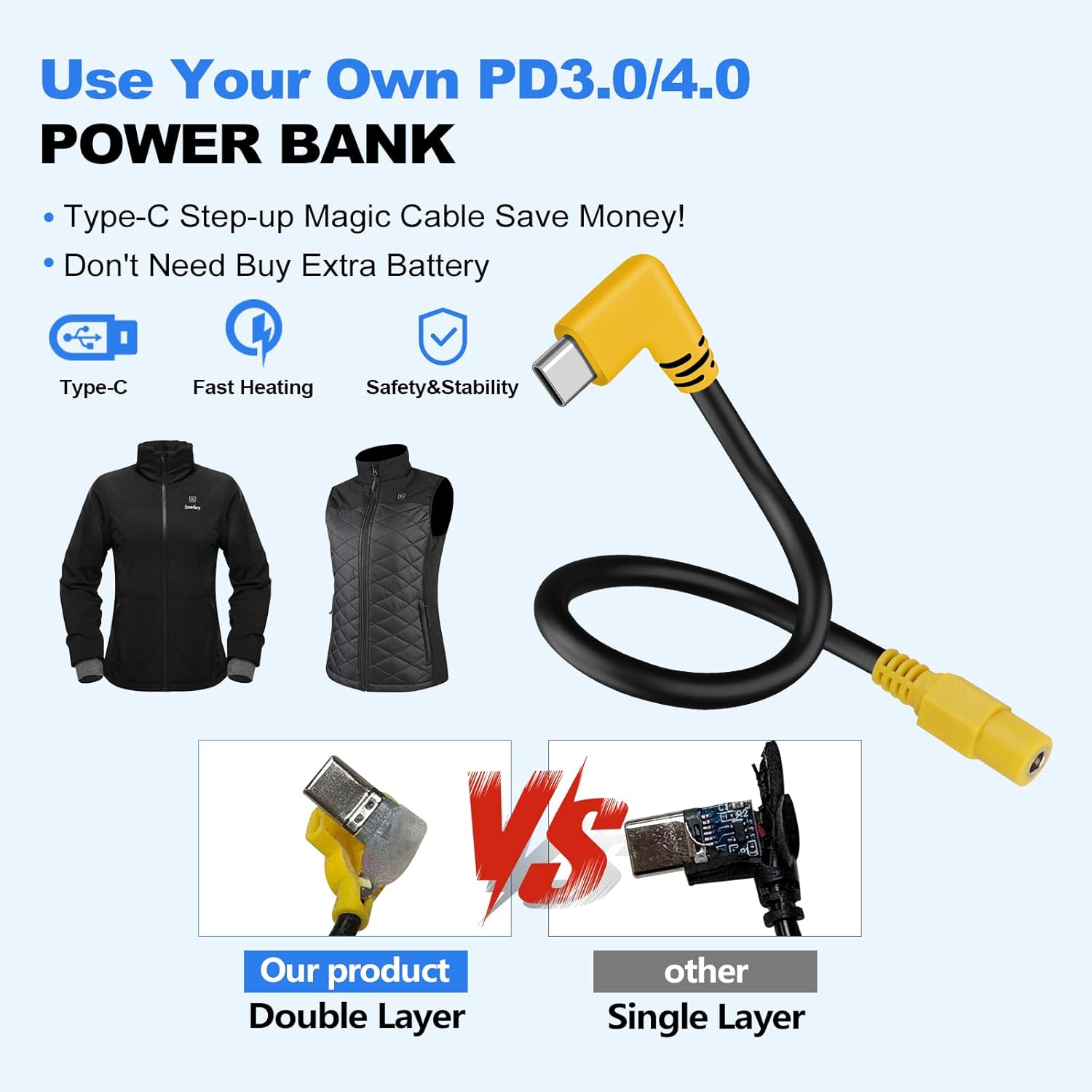 Smarkey 9V Heated Jacket Battery Step-Up Cable, Type-C Cable for 7.4V & 8.4V - Battery Heated Jacket