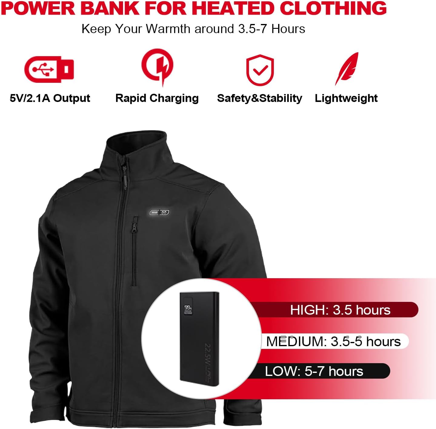 Smarkey 12V QC3.0 Heated Jacket Battery PD Power Bank with Type-C Step Up Adapter Charger Cable - Battery Heated Jacket