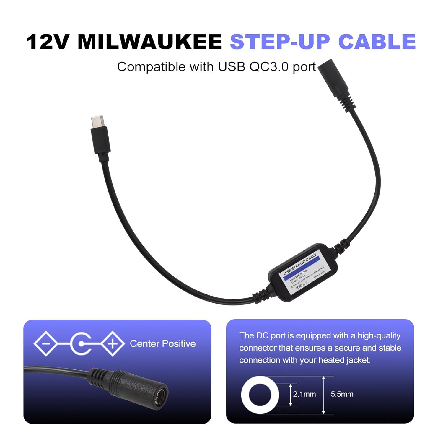 Smarkey 12V Heated Jacket Charger TypeC Step-Up Cable for Milwaukee - Battery Heated Jacket