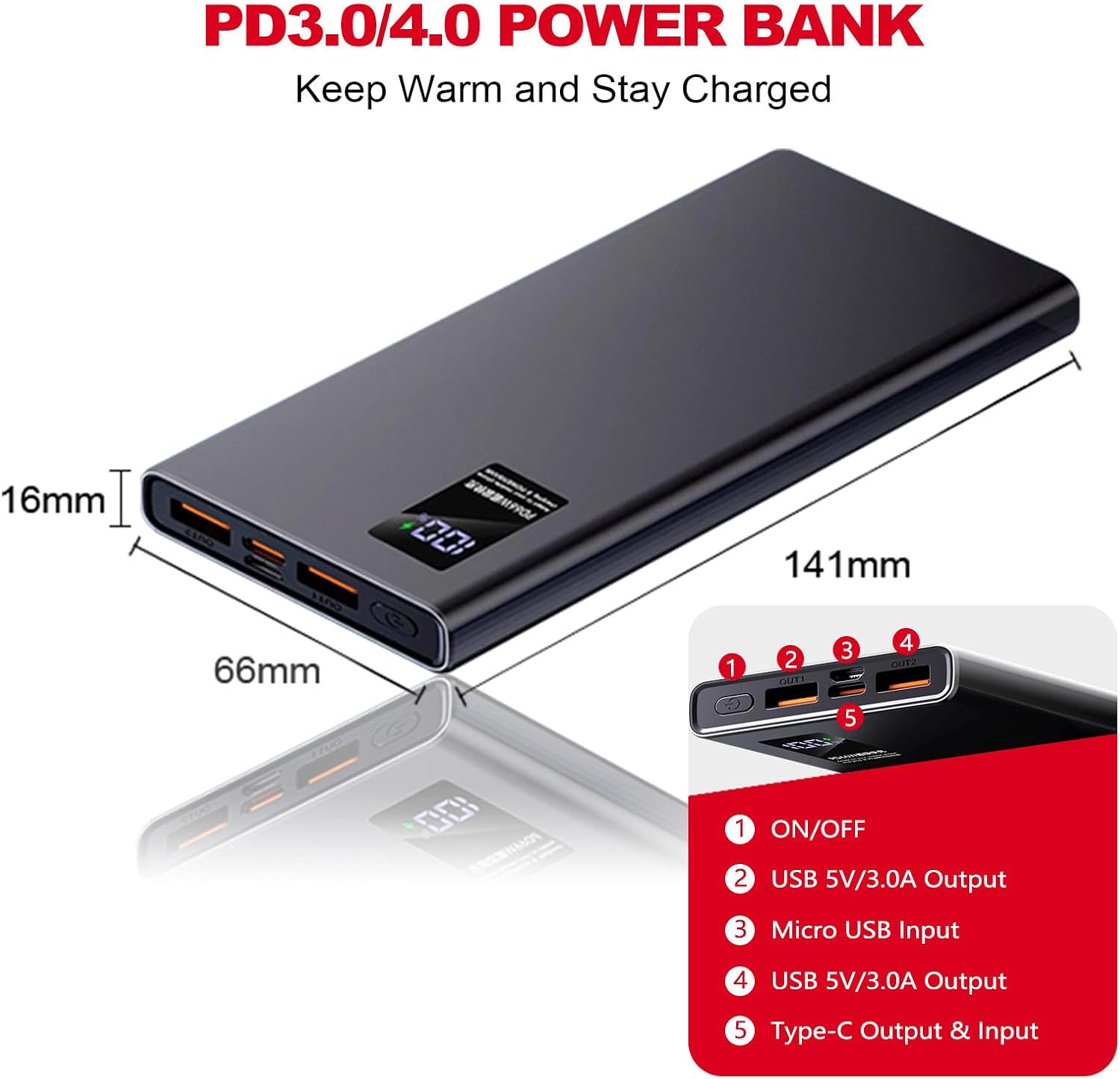 Smarkey 12V QC3.0 Heated Jacket Battery PD Power Bank with Type-C Step Up Adapter Charger Cable - Battery Heated Jacket