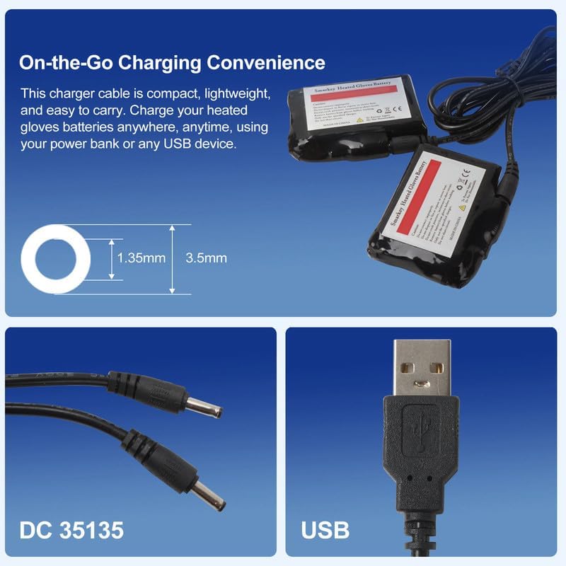 Smarkey 4.2V Heated Gloves Charger USB Adapter Cable for Batteries Charging - Battery Heated Jacket