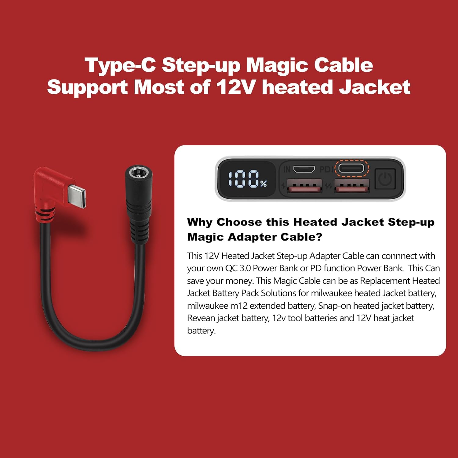 Smarkey 12V Heated Jacket Battery StepUp Adapter Charger Cable for Milwaukee - Battery Heated Jacket