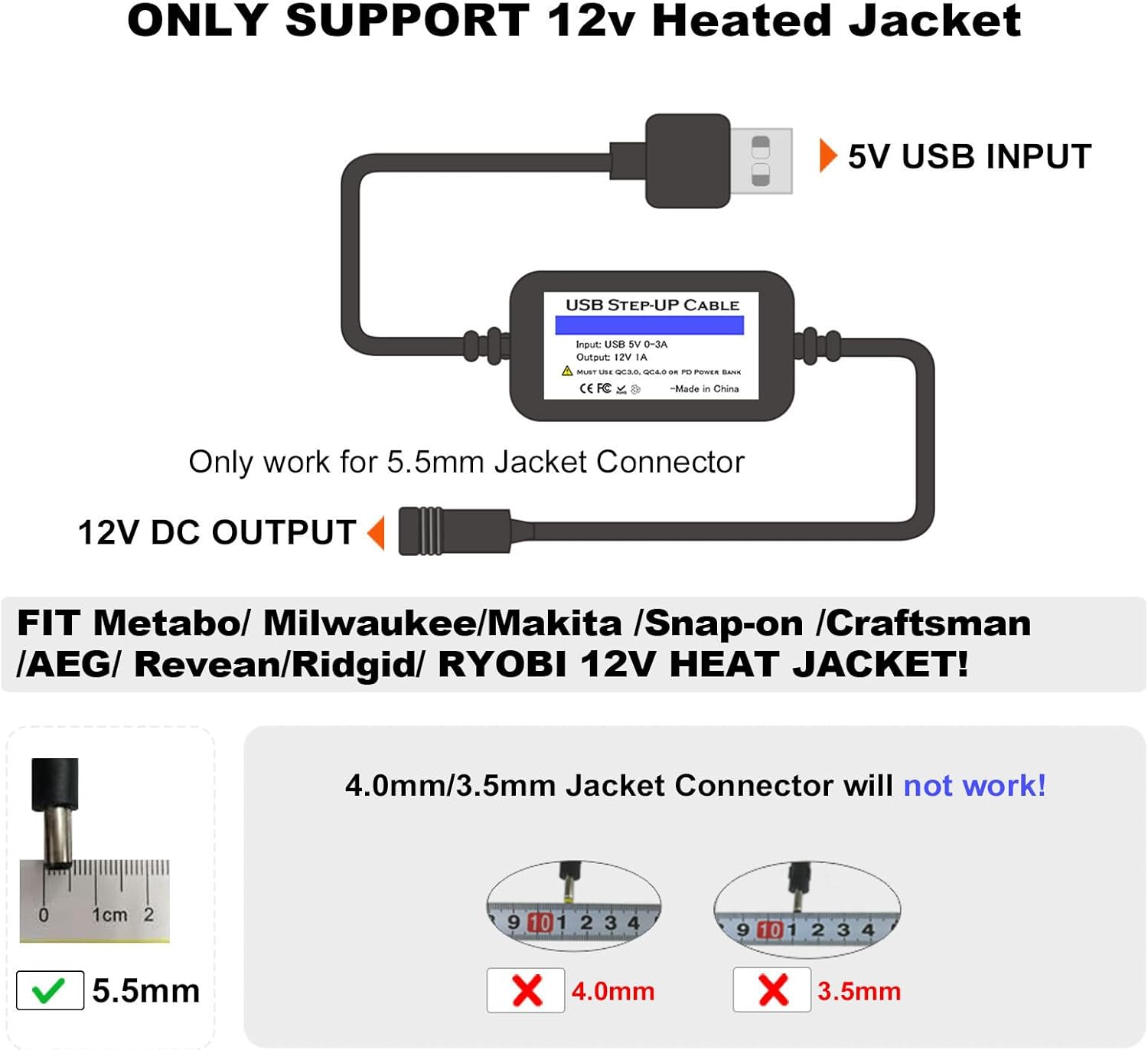 Smarkey Heated Jacket Adapter Charger USB Cable for Milwaukee, Revean, Snap-on, Metabo, Craftsman, AEG, Makita