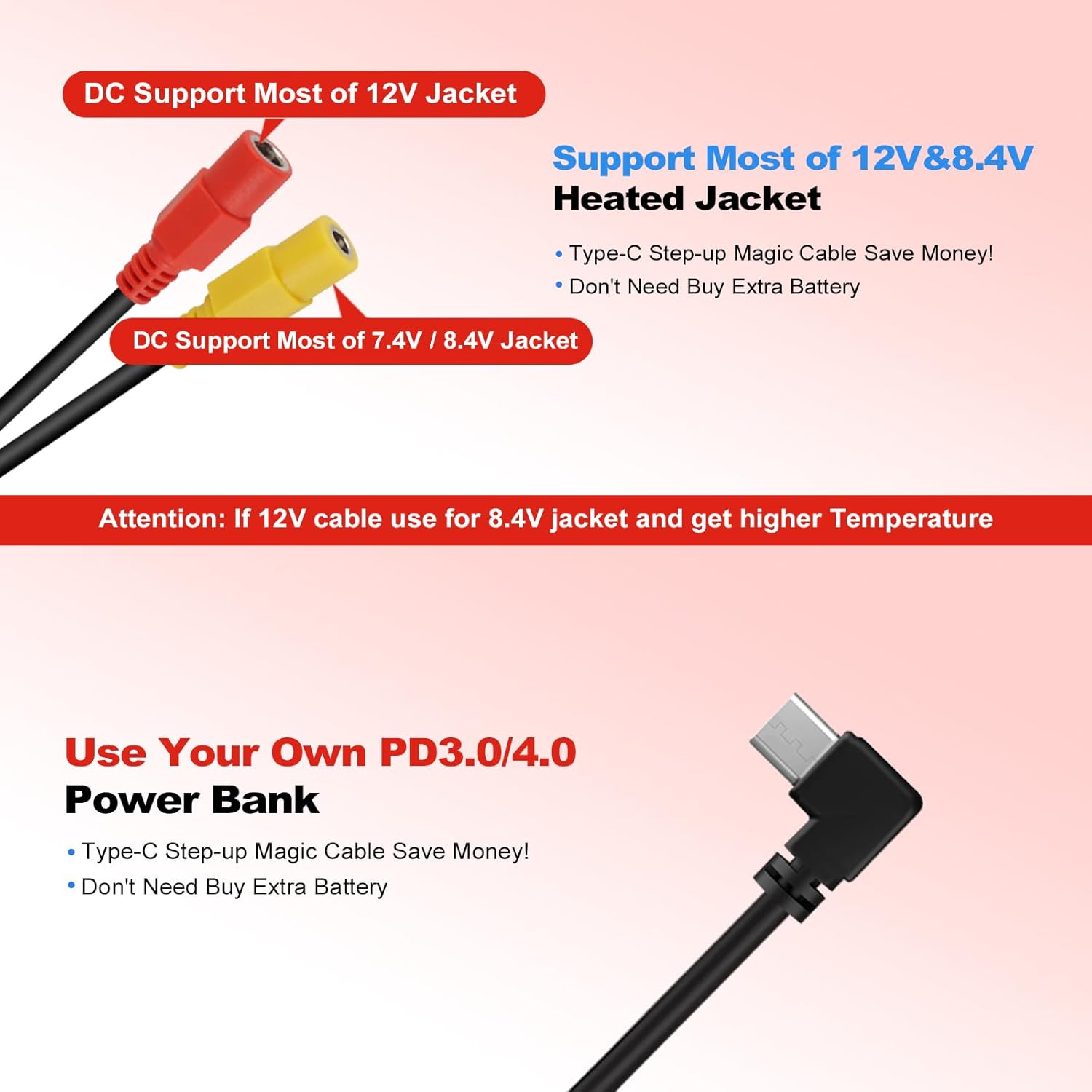 Smarkey Heated Jacket Battery StepUp Adapter Charger Hack Cable for Most of 7.4v 8.4v 12v Heated Jacket - Battery Heated Jacket