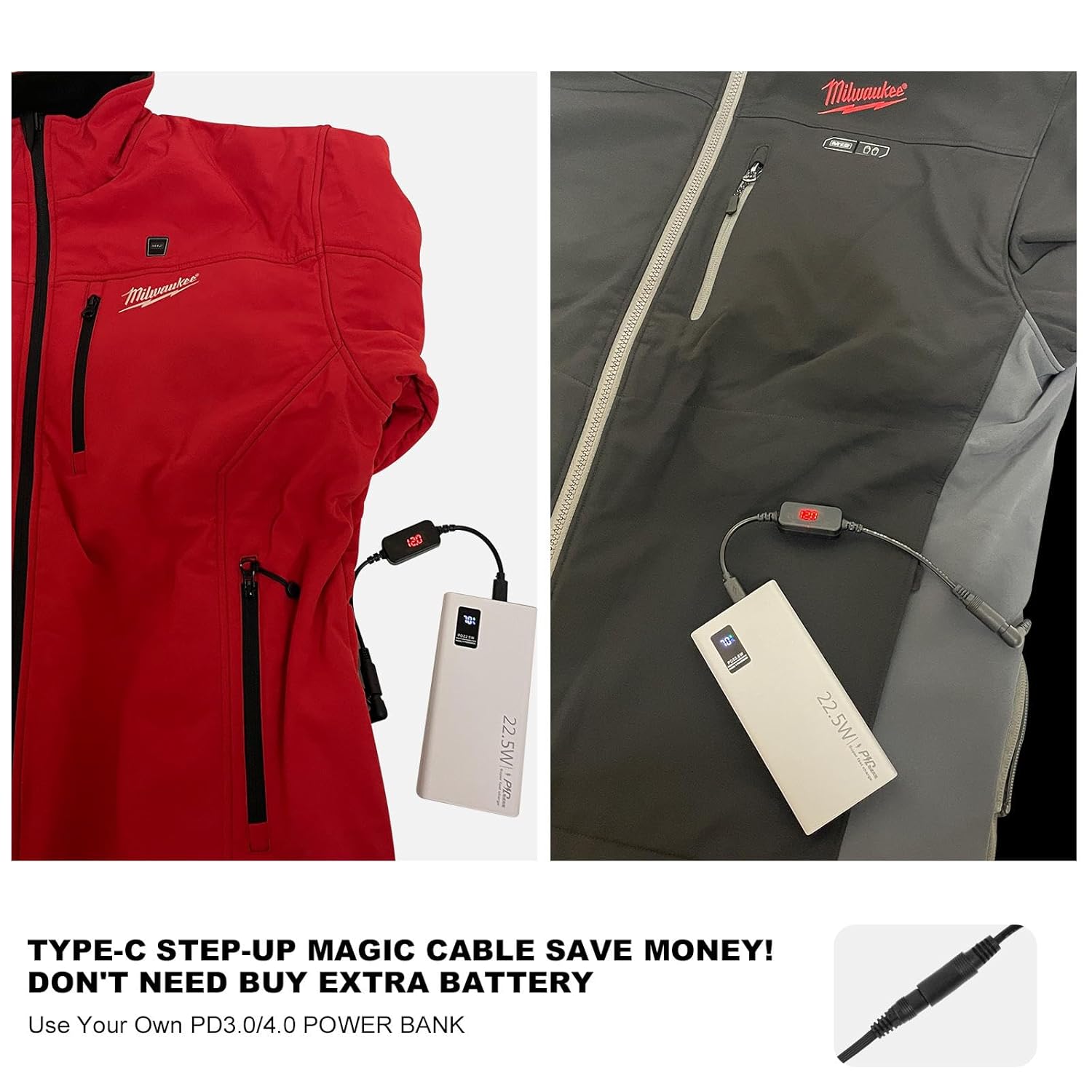 Smarkey 12V Heated Jacket Battery StepUp Adapter Charger Cable TypeC to DC5.5mm for Milwaukee, M12, Makita, Snap-on, Metabo, Craftsman, AEG Gear - Battery Heated Jacket