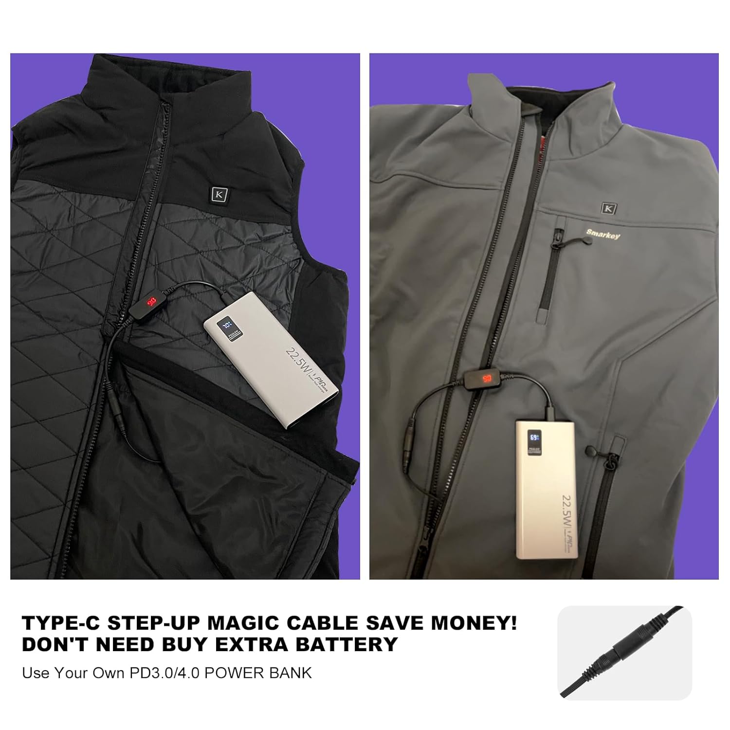 Smarkey 9V Heated Jacket Battery Step-Up Adapter Charger Cable TypeC to DC for 7.4V 8.4V Heated Jackets - Battery Heated Jacket