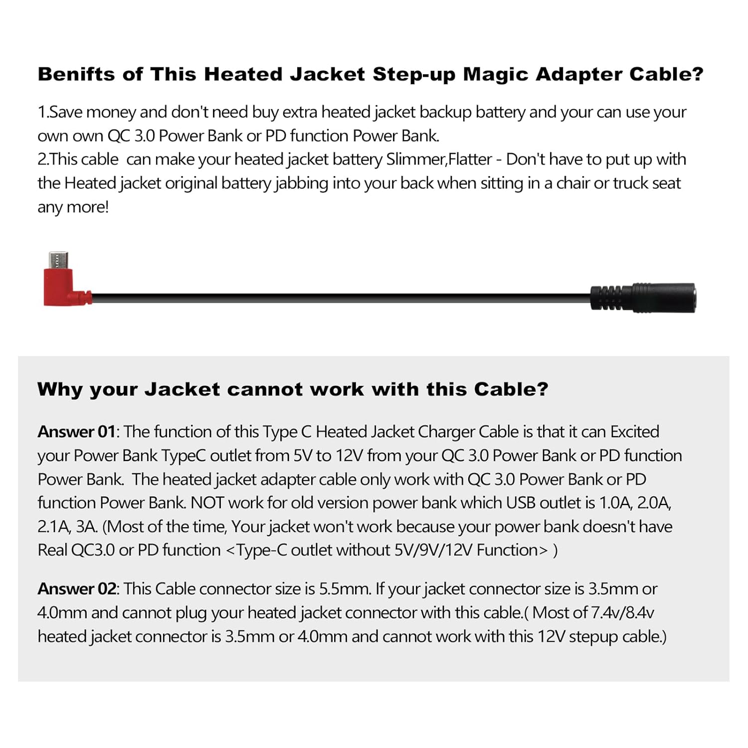 Smarkey 12V Heated Jacket Battery StepUp Adapter Charger Cable for Milwaukee - Battery Heated Jacket