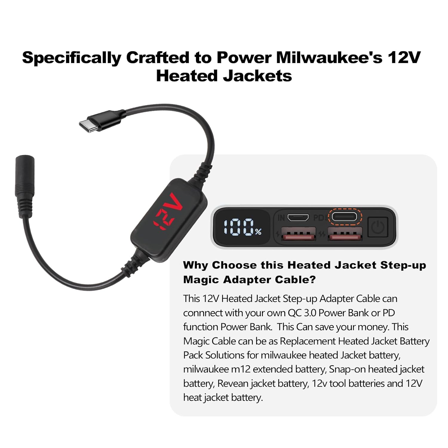 Smarkey 12V Heated Jacket Battery StepUp Adapter Charger Cable TypeC to DC5.5mm for Milwaukee, M12, Makita, Snap-on, Metabo, Craftsman, AEG Gear - Battery Heated Jacket