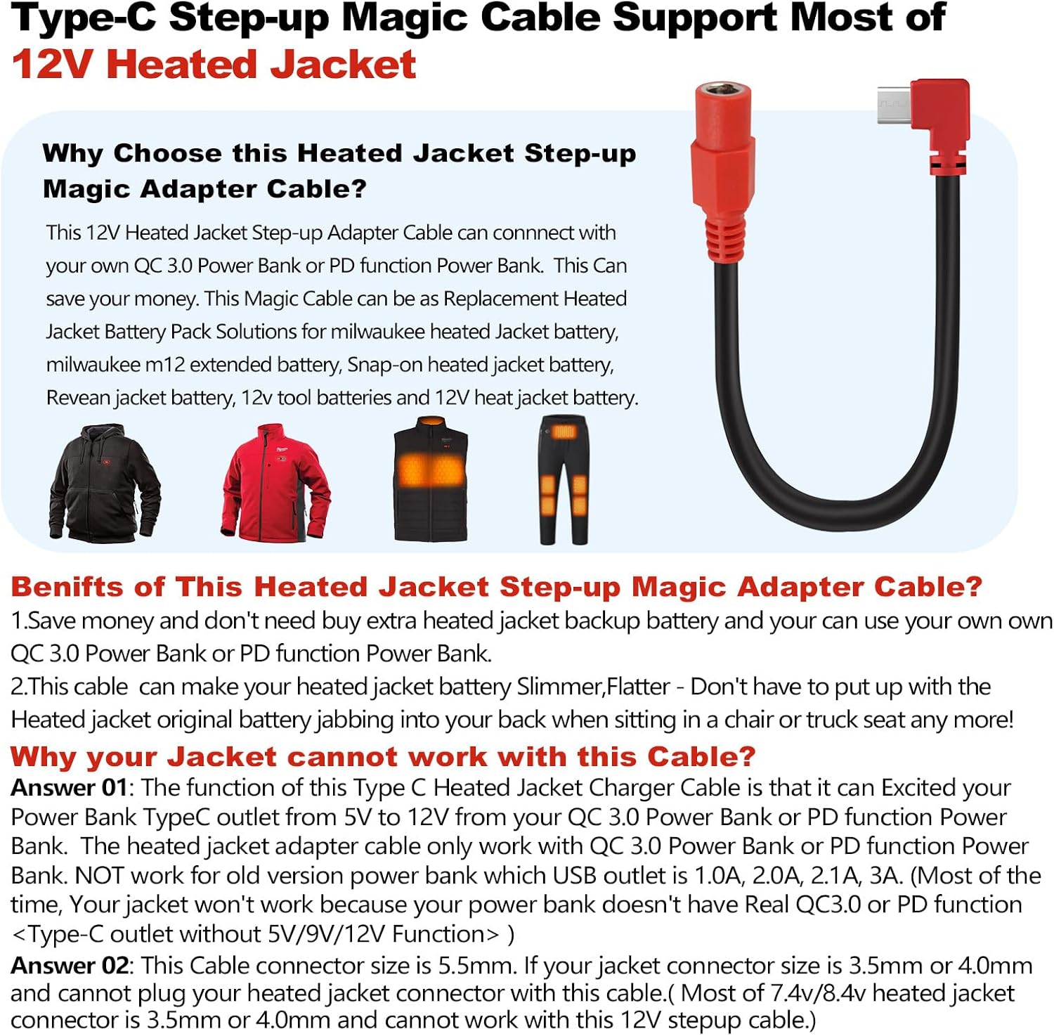 Smarkey 12V Type C Heated Jacket Battery Charger Cable for Milwaukee M12 - Battery Heated Jacket