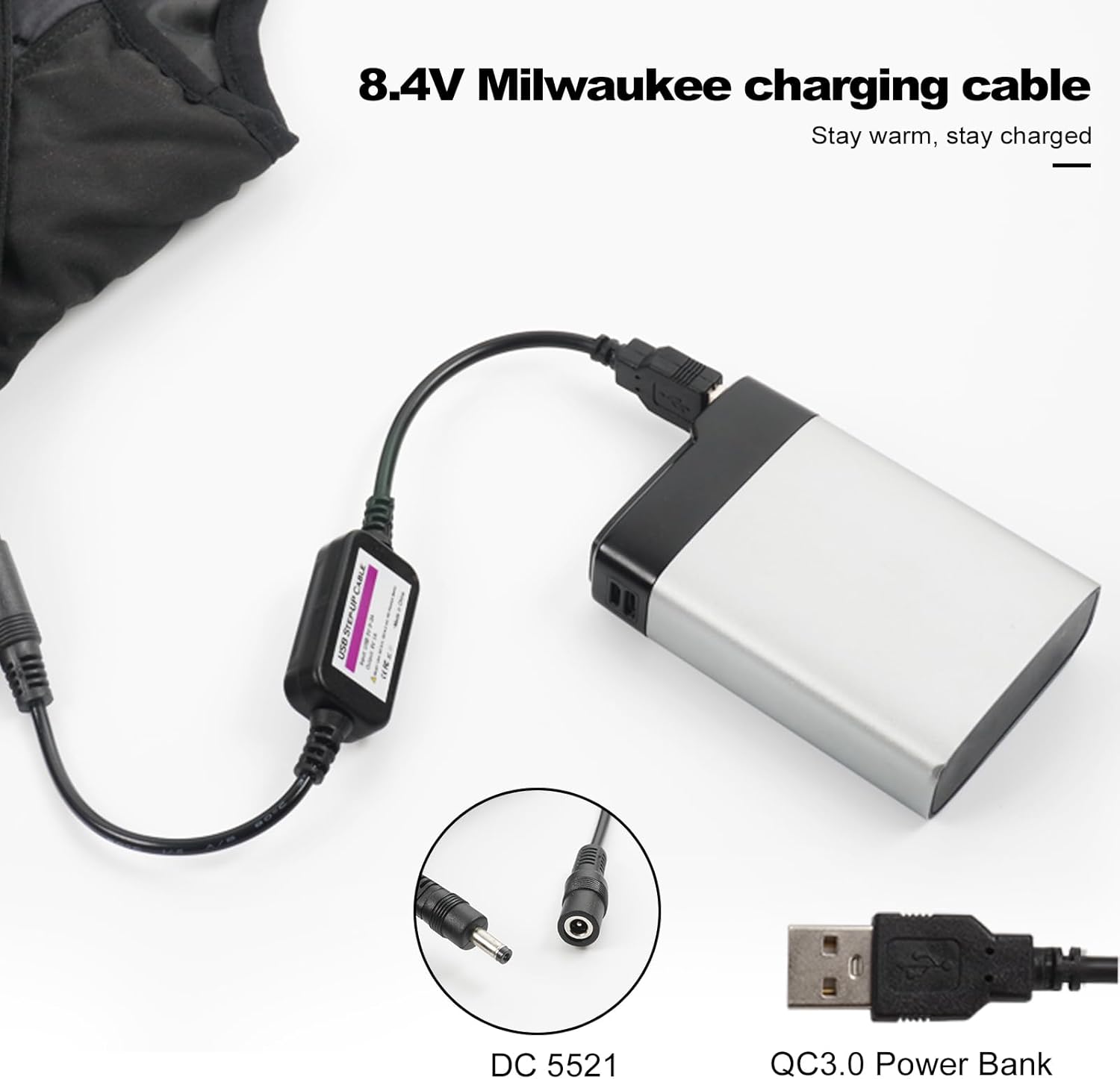 Smarkey Heated Jacket Battery Step-Up Charger Cable 5v USB to 8.4v 12W - Battery Heated Jacket