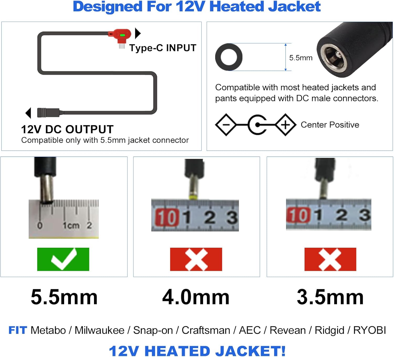 Smarkey 12V Heated Jacket Battery,with Type-C to DC Step-Up Cable, for Milwaukee - Battery Heated Jacket