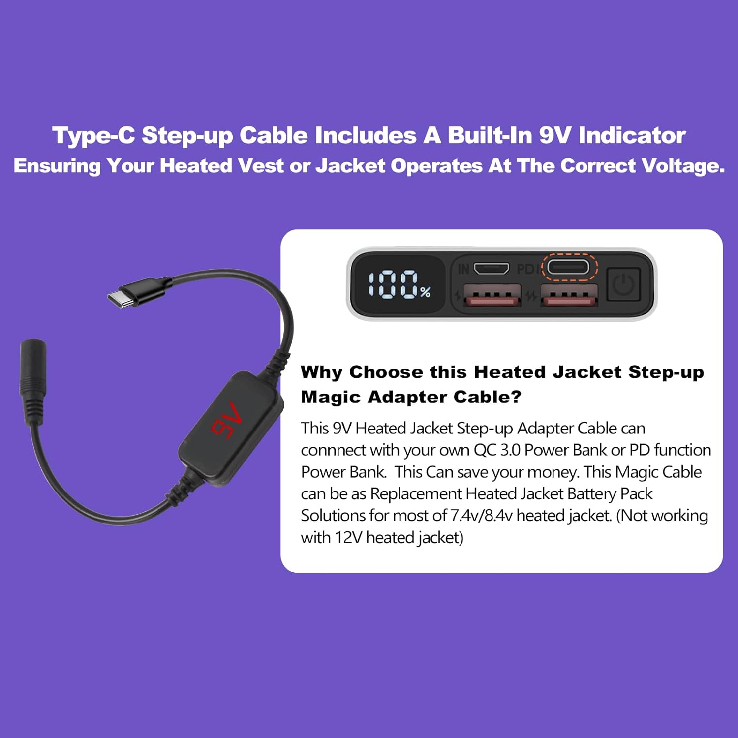 Smarkey 9V Heated Jacket Battery Step-Up Adapter Charger Cable TypeC to DC for 7.4V 8.4V Heated Jackets - Battery Heated Jacket