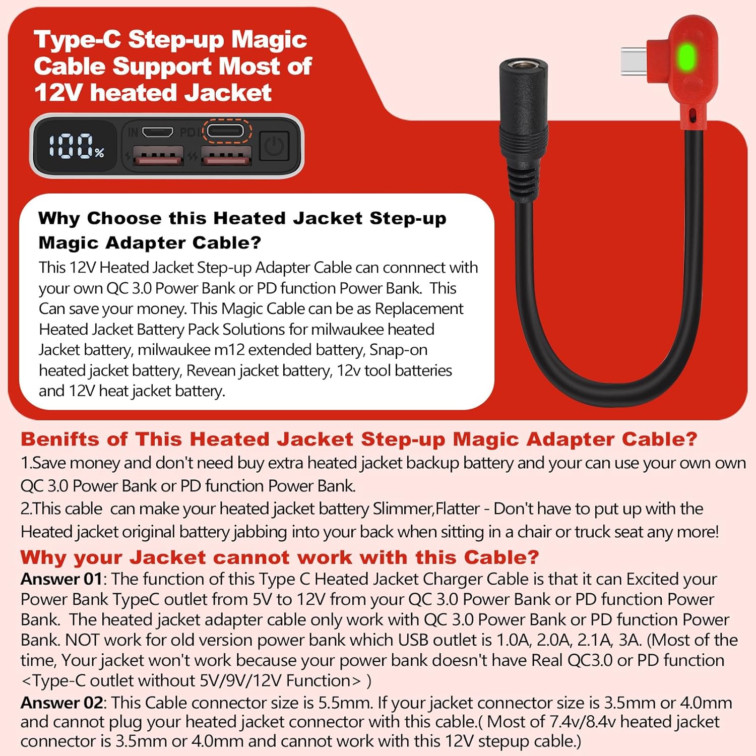 Smarkey 12V Heated Jacket Battery Step-Up Cable Type-C to DC, Compatible for Milwaukee