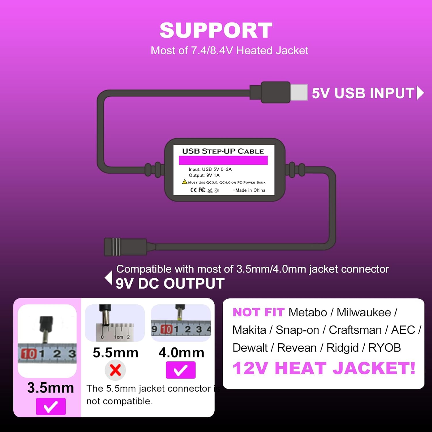 Smarkey Heated Jacket Voltage Step-Up Cable 5V to 9V for Heated - Battery Heated Jacket