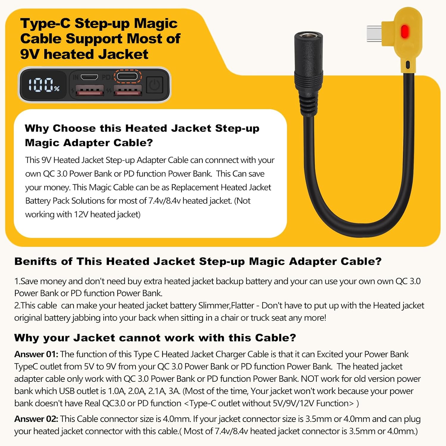 Smarkey 9V Heated Jacket Battery Step-Up Cable