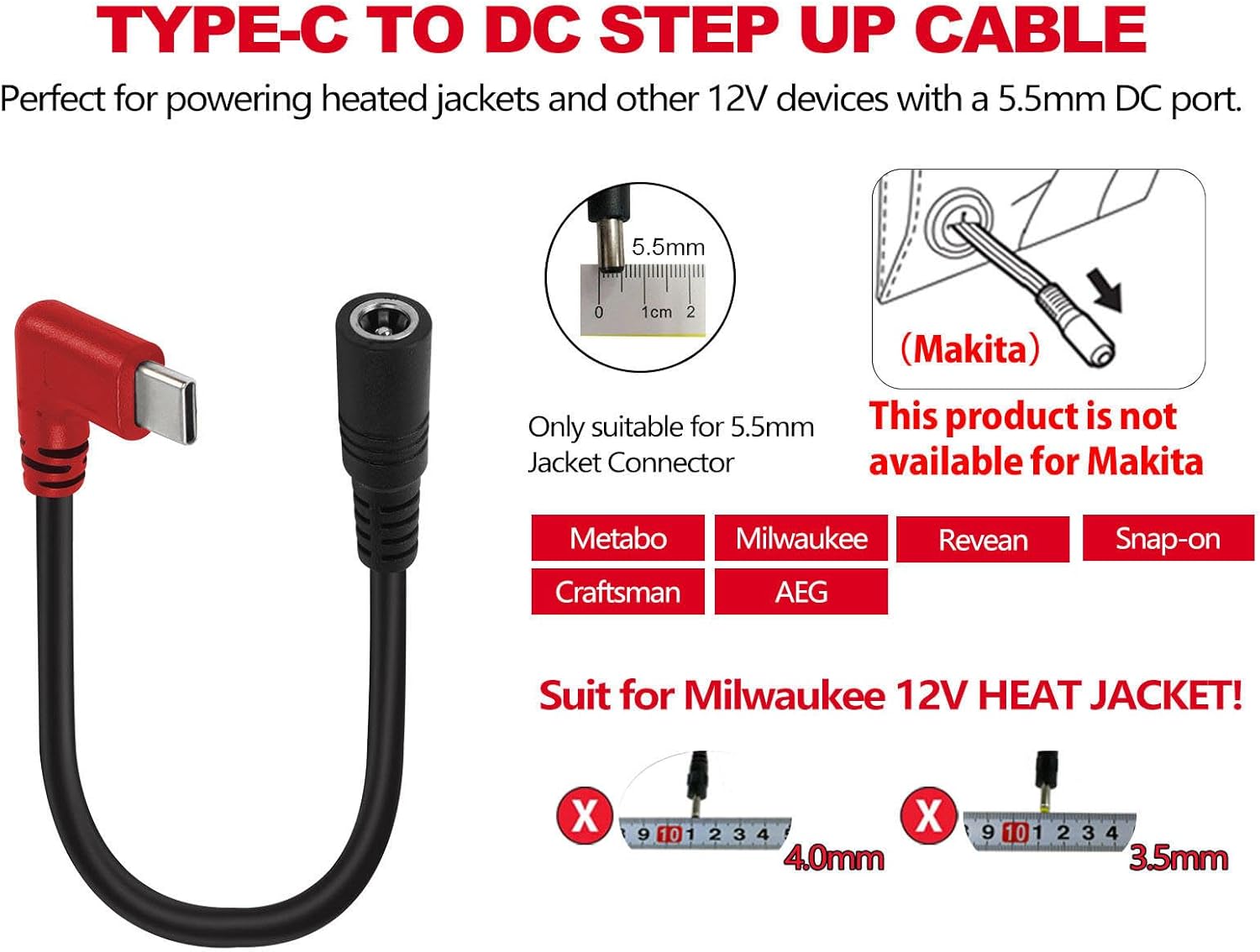 Smarkey 12V QC3.0 Heated Jacket Battery PD Power Bank with Type-C Step Up Adapter Charger Cable - Battery Heated Jacket