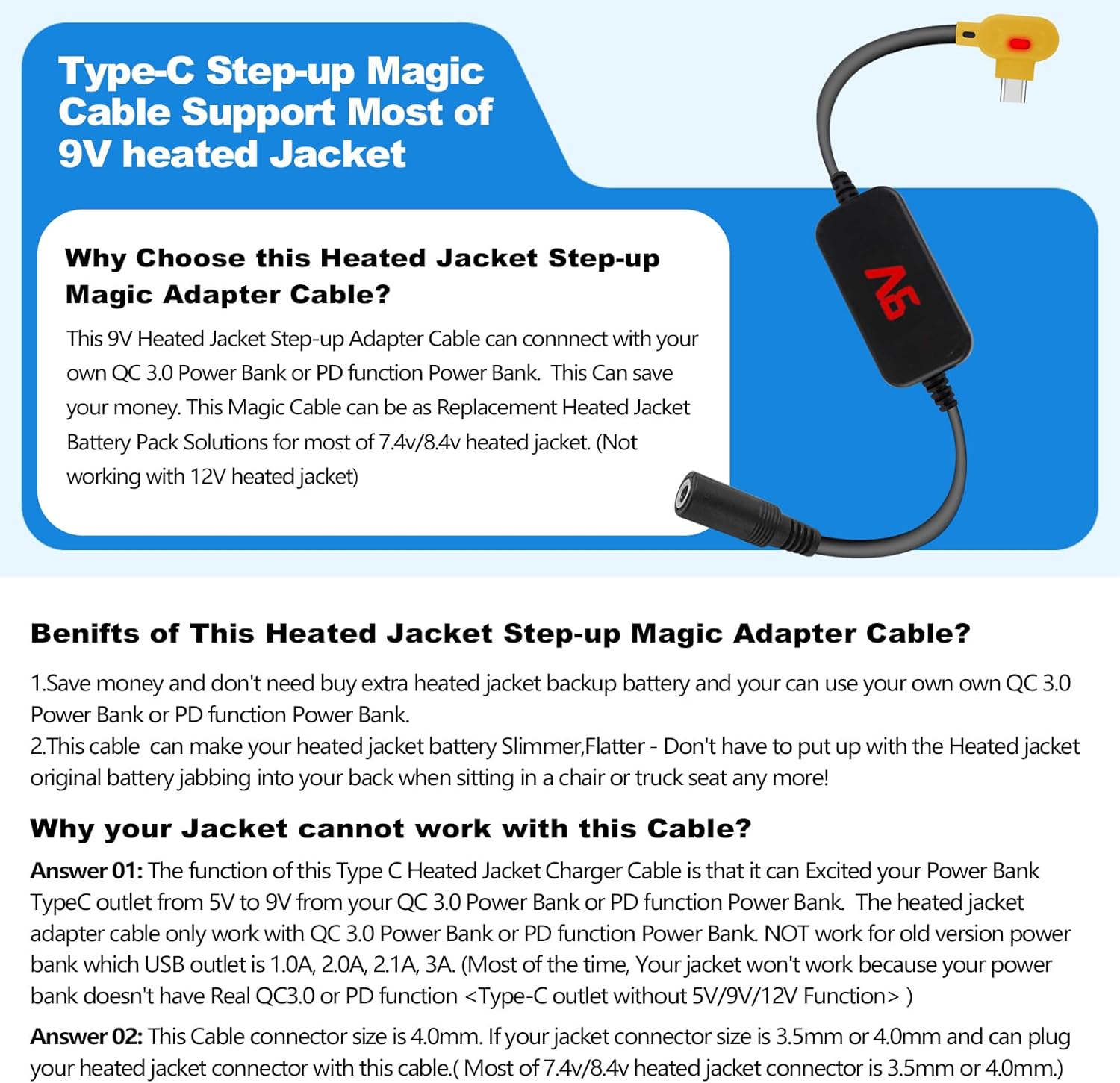 Smarkey 9V Heated Jacket Battery Step-Up Adapter Charger Cable, Type-C to DC Compatible with ORORO and Venustas