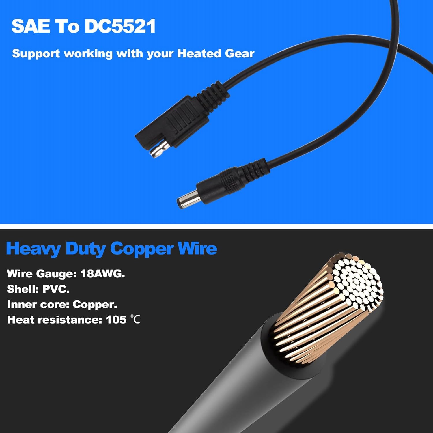 Smarkey Heated Jacket Adapter Charger Cable for Motorcycle Snowmobiles, Heated Gear Battery Connector Cable for Harley Davidson Heated Apparel, Heated Garments, Heated Vest (SAE to DC Female) - Battery Heated Jacket