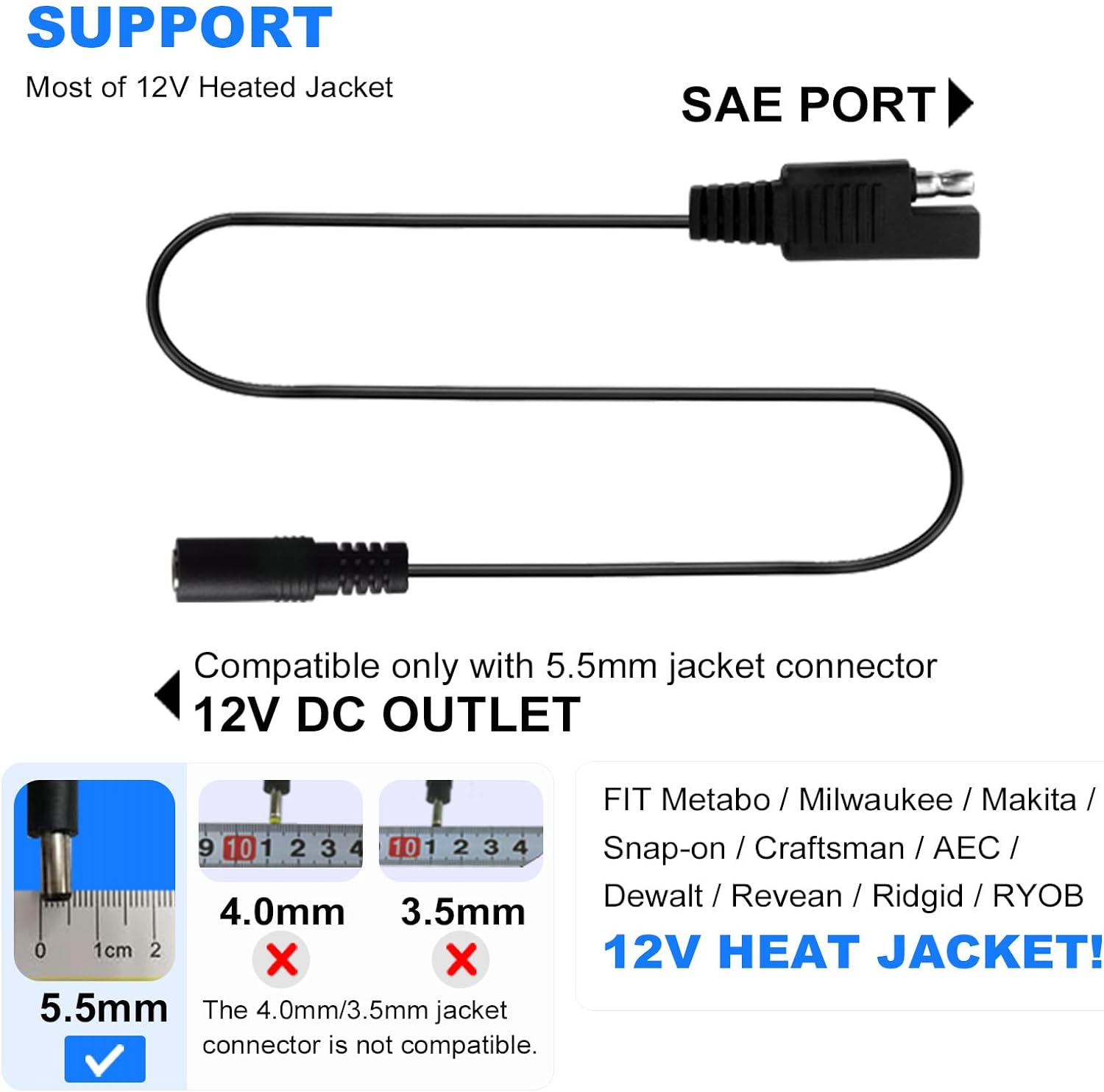 Smarkey Heated Jacket Adapter Charger Cable for Motorcycle Snowmobiles, Heated Gear Battery Connector Cable for Harley Davidson Heated Apparel, Heated Garments, Heated Vest (SAE to DC Female) - Battery Heated Jacket