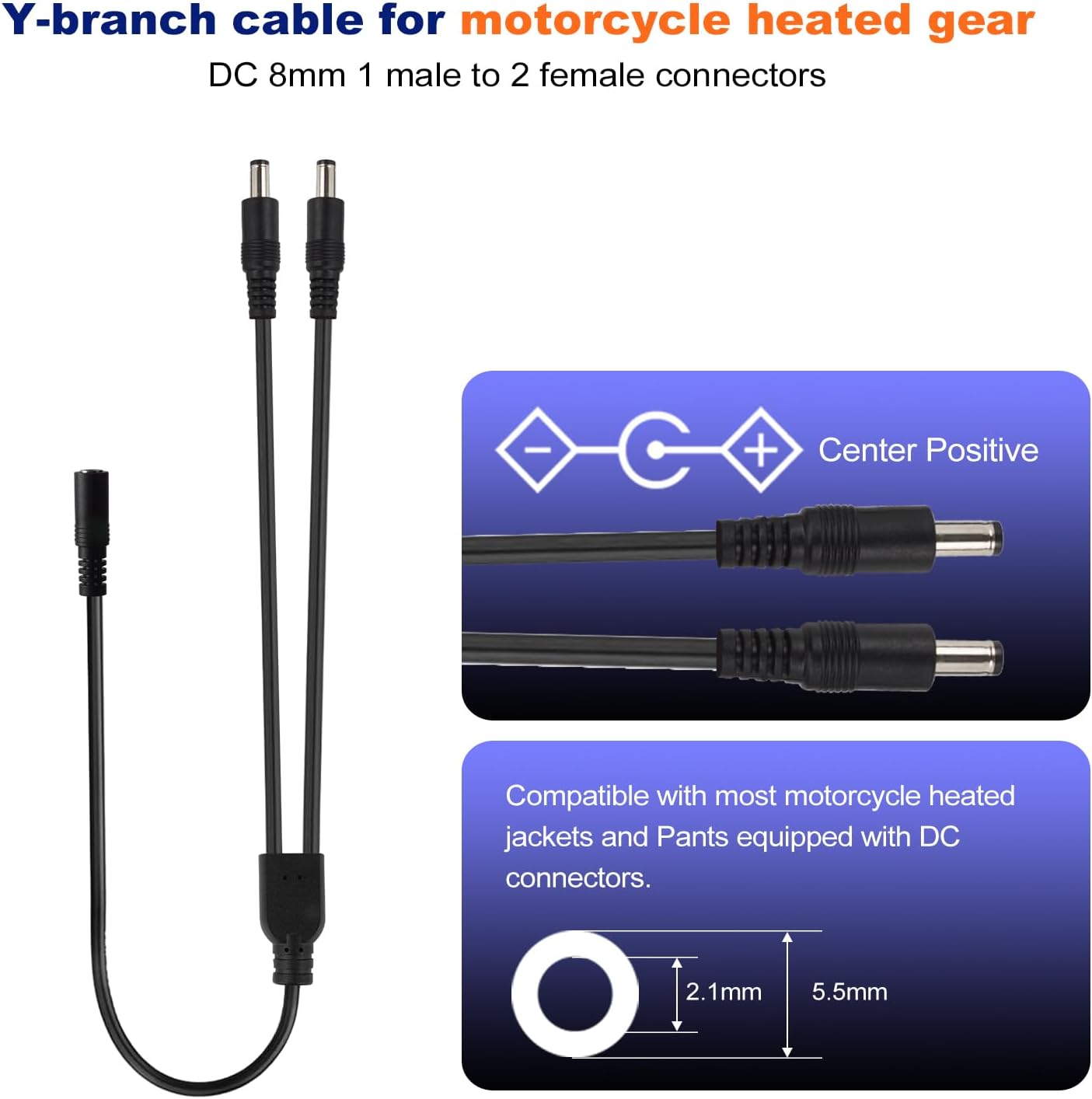 Smarkey Motorcycle Heated Jacket Adapter Cable, Snowmobiles Heated Gear Battery Connector Cable Compatible with Heated Apparel, Heated Garments, Heated Vest (DC 1 Female to 2 Male) - Battery Heated Jacket