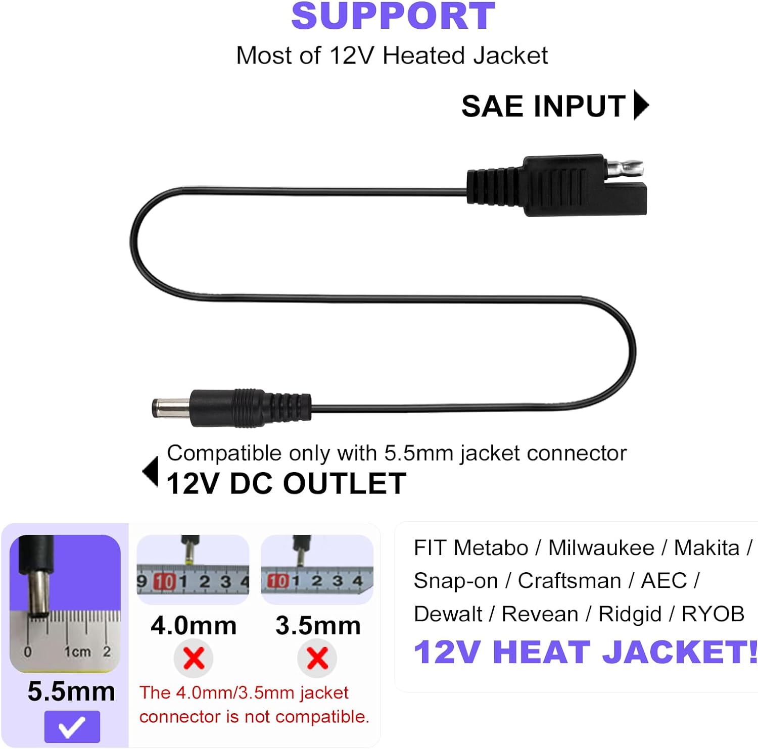 Smarkey Heated Jacket Adapter Cable for Motorcycle Snowmobiles, Heated Gear Battery Connector Cable Compatible with Harley Davidson Heated Apparel, Heated Garments, Heated Vest (SAE to DC Male) - Battery Heated Jacket