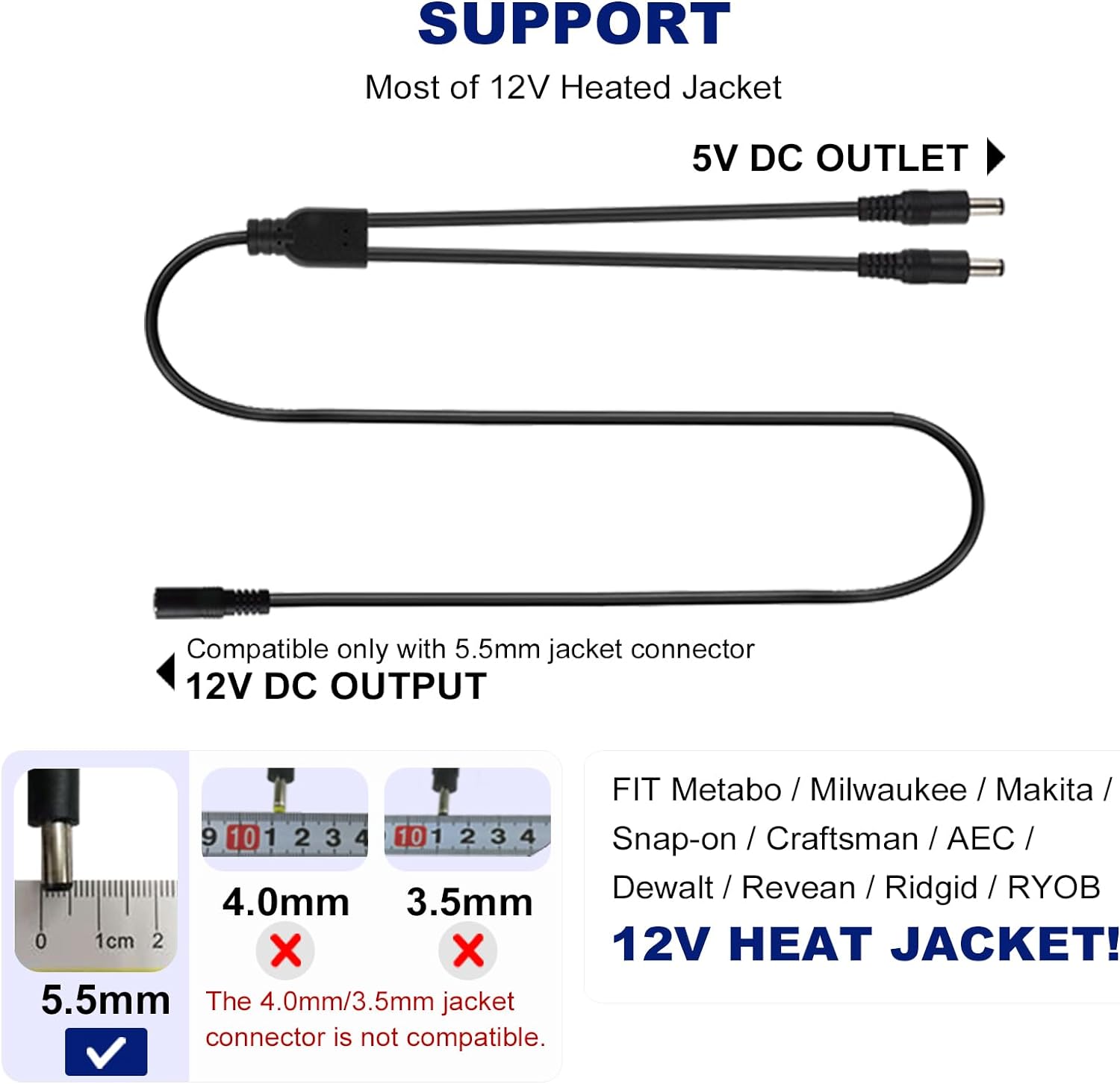 Smarkey Motorcycle Heated Jacket Adapter Cable, Snowmobiles Heated Gear Battery Connector Cable Compatible with Heated Apparel, Heated Garments, Heated Vest (DC 1 Female to 2 Male) - Battery Heated Jacket