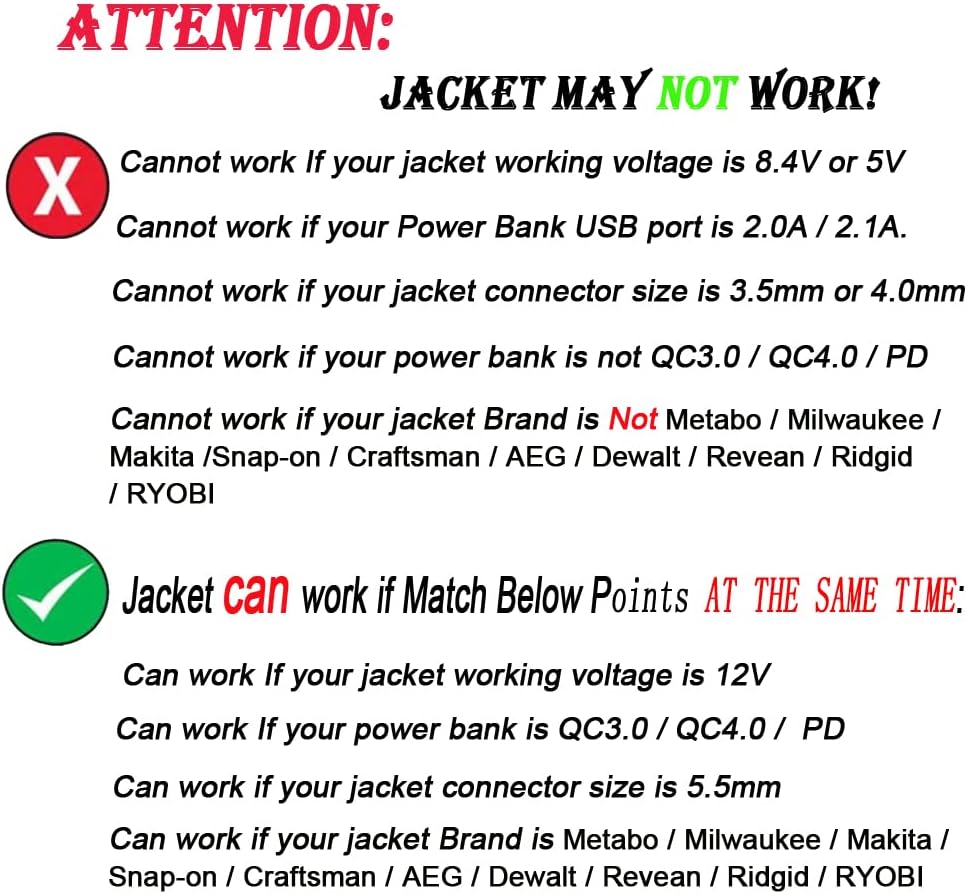 Smarkey Heated Jacket Adapter Charger USB Plug Cable for Milwaukee - Battery Heated Jacket