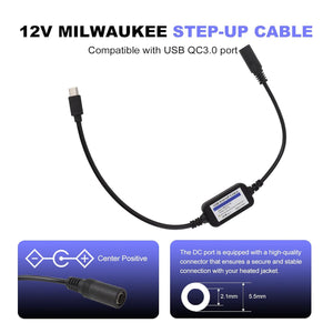 Smarkey Heated Jacket Adapter Charger TypeC Voltage Step-Up Cable 5V step-up 12V for Milwaukee, M12, Dewalt, Makita, Snap-on, Metabo, Craftsman, AEG (Only Support PD Power Bank)