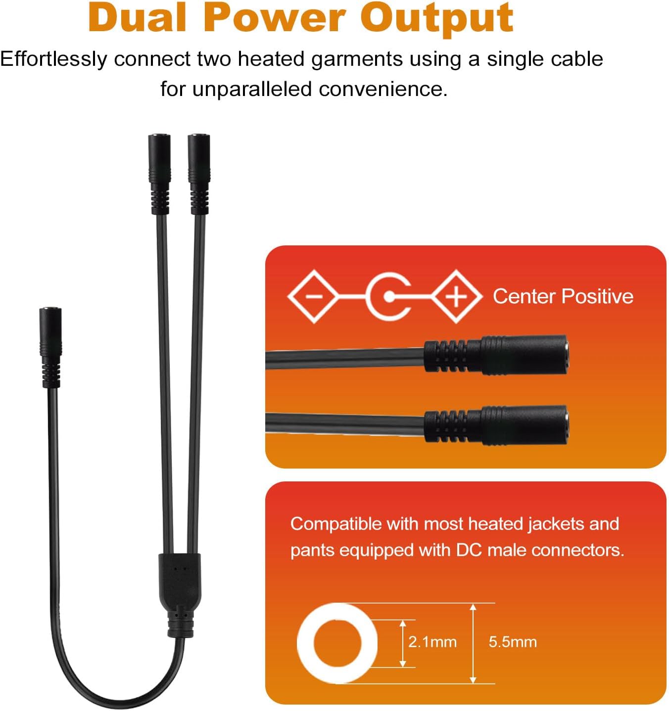 Smarkey Motorcycle Heated Jacket Adapter Cable, Snowmobiles Heated Gear Battery Connector Cable for Heated Apparel, Heated Garments, Heated Vest (5.5mm Female DC to 2 x Female DC) - Battery Heated Jacket