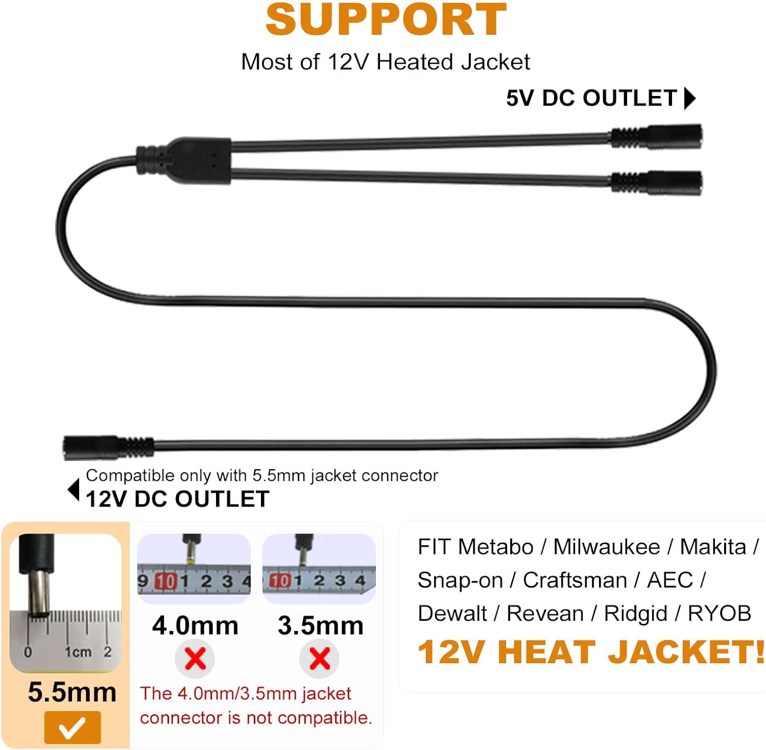 Smarkey Motorcycle Heated Jacket Adapter Cable, Snowmobiles Heated Gear Battery Connector Cable for Heated Apparel, Heated Garments, Heated Vest (5.5mm Female DC to 2 x Female DC) - Battery Heated Jacket