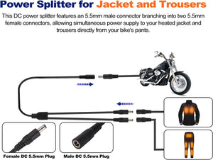 Smarkey Motorcycle Heated Jacket Adapter Cable, Snowmobiles Heated Gear Battery Connector Cable Compatible with Heated Apparel, Heated Garments, Heated Vest (DC 1 Female to 2 Male)