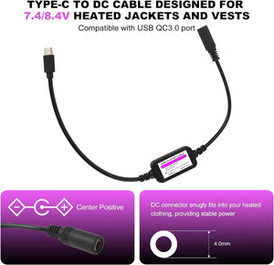 Smarkey Heated Jacket Adapter Charger Voltage Step-Up Cable 5V step-up 9V for Heated Gear, Heated Vest, Heated Hoodies （Only Support PD Power Bank, Not for 12v Heated Jacket)