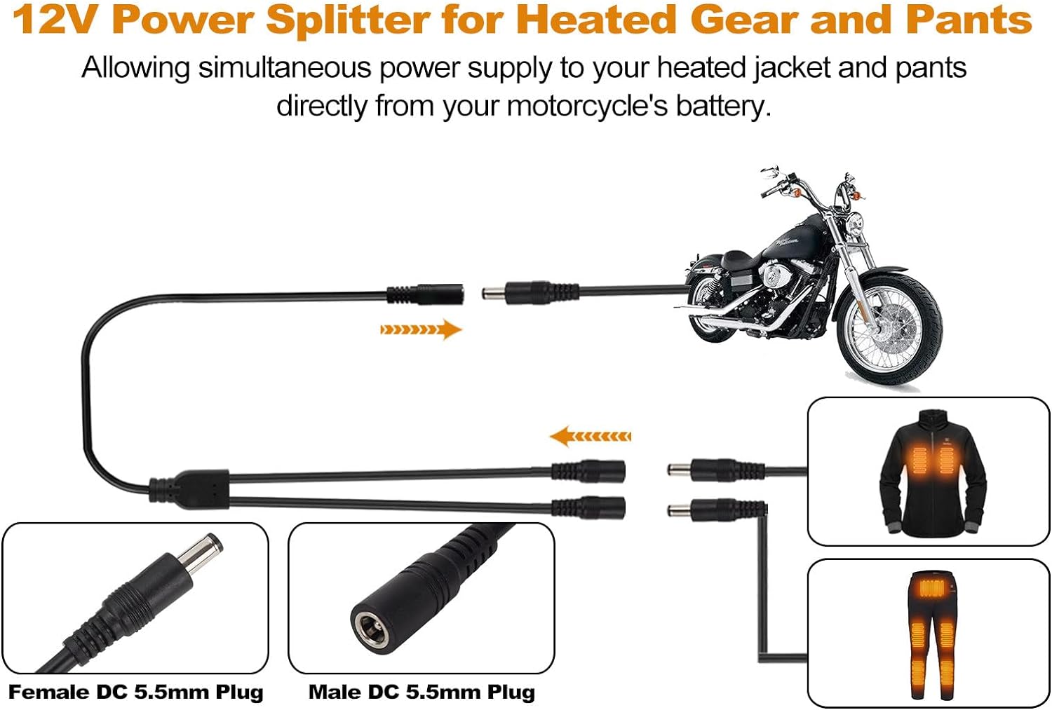Smarkey Motorcycle Heated Jacket Adapter Cable, Snowmobiles Heated Gear Battery Connector Cable for Heated Apparel, Heated Garments, Heated Vest (5.5mm Female DC to 2 x Female DC) - Battery Heated Jacket