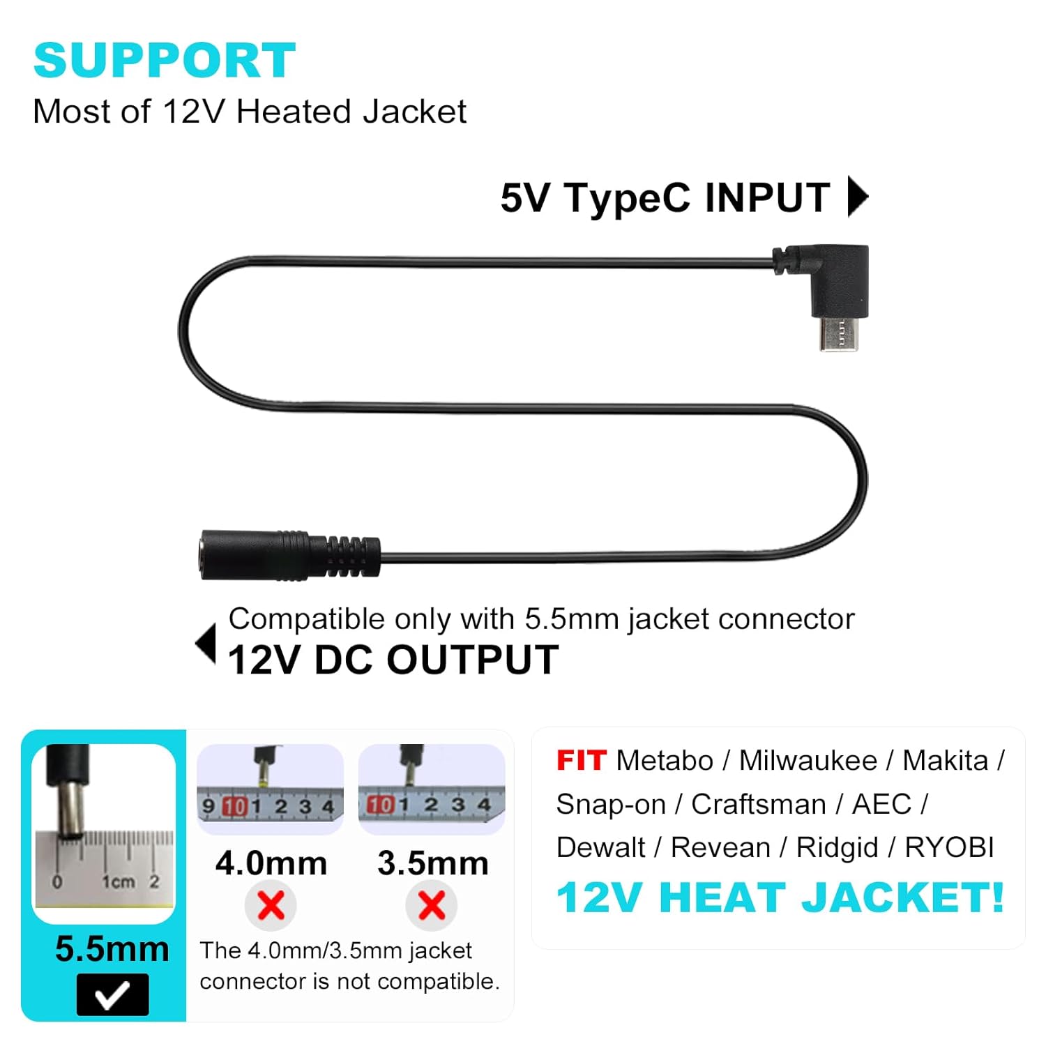 Smarkey 12V Heated Jacket Battery Step-Up Adapter Charger Cable Compatible with Milwaukee - Battery Heated Jacket