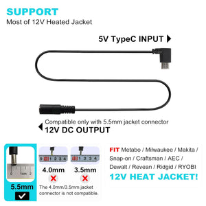 Smarkey 12V Heated Jacket Battery Step-Up Adapter Charger Cable Compatible with Milwaukee, M12, Dewalt, Makita, Snapon, Metabo, Craftsman, AEG Gear (TypeC Stepup 12V 15cm Cable)