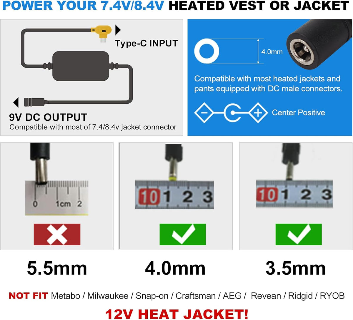Smarkey 9V Heated Jacket Battery Step-Up Adapter Charger Cable, Type-C to DC Compatible with ORORO and Venustas - Battery Heated Jacket