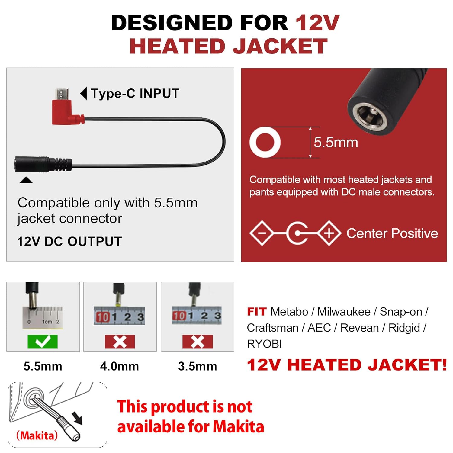 Smarkey 12V Heated Jacket Battery StepUp Adapter Charger Cable for Milwaukee - Battery Heated Jacket